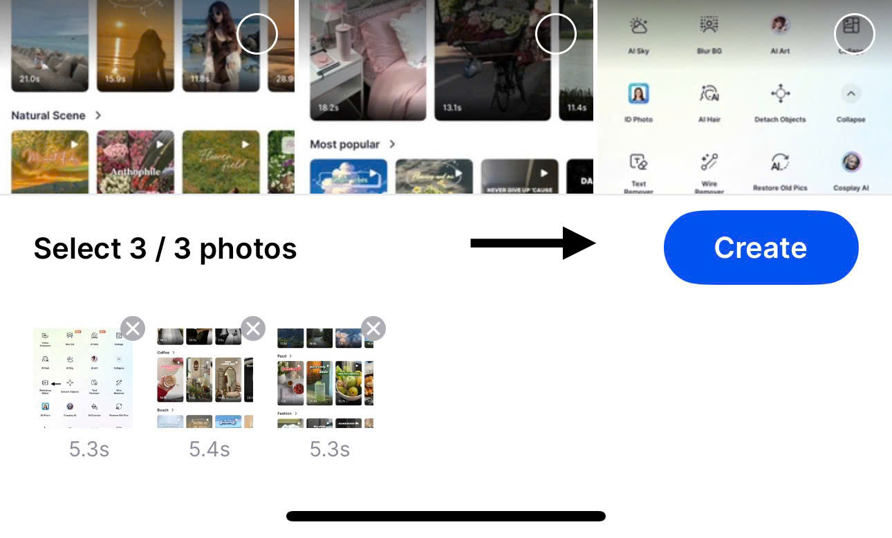 Choose and arrange the order of your photos then tap Create